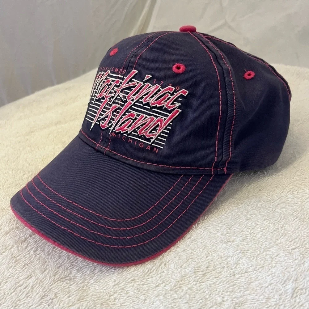 Mackinac Island Navy and Pink Women's Adjustable Cotton Ball Cap